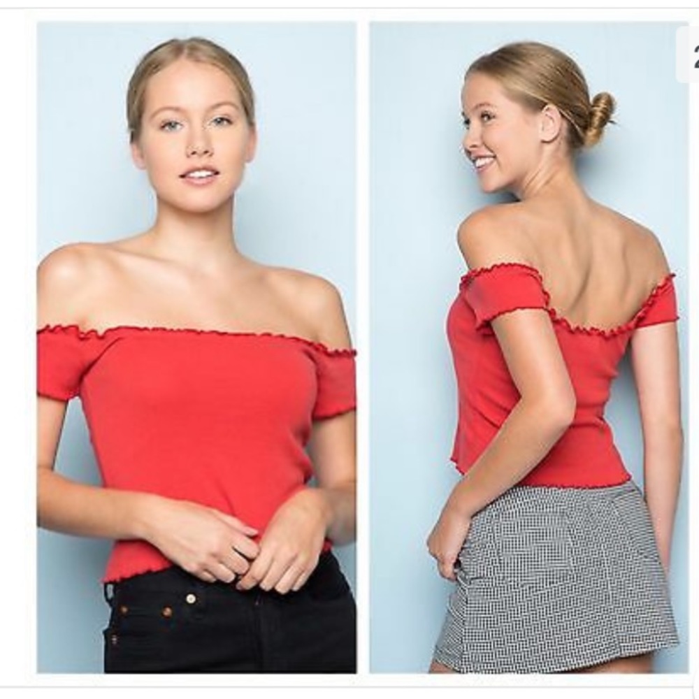 Brandy Melville Red Frill Ruffle Trim Off the shoulder shirt